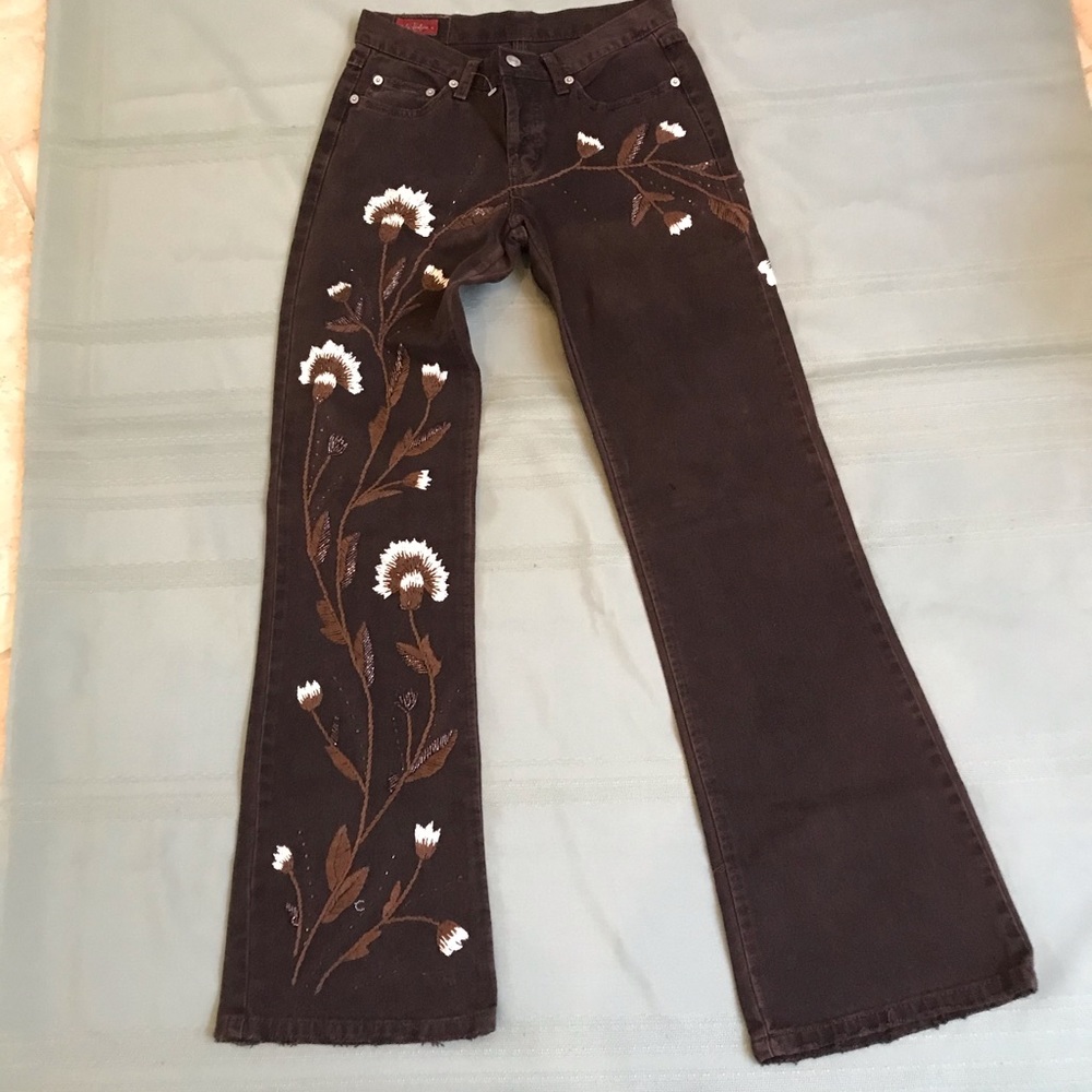 Le Jealous brown embroidered button front jeans